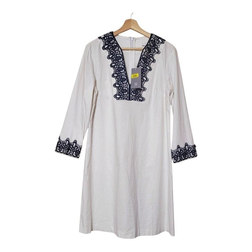 Preston & York‎ Linen Blend Tabitha Embroidery Dress White/Navy Tunic S 6 New
